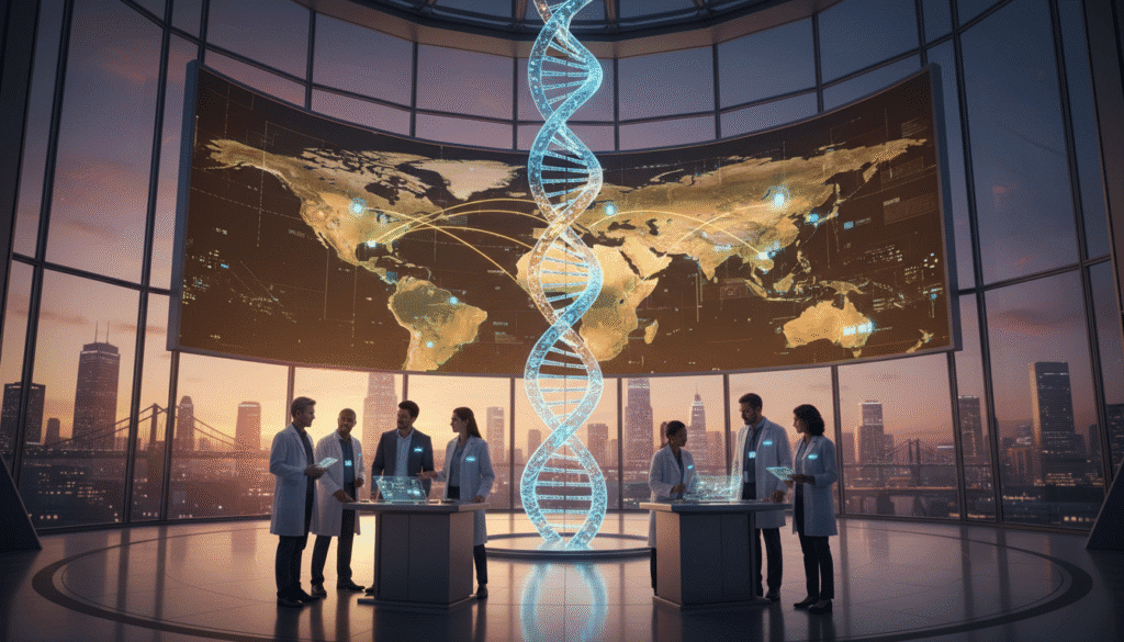 A hopeful, forward-looking scene showing researchers standing before a global map illuminated with network connections, symbolizing worldwide collaboration. A transparent DNA helix extends into the sky, representing the future of AI-driven medicine. The tone is optimistic and visionary, with warm lighting suggesting human progress and unity through innovation.