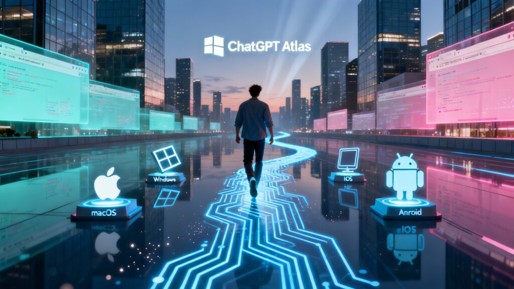 A glowing path made of digital circuits winds forward into a bright, futuristic skyline filled with holographic browser windows. The ChatGPT Atlas logo hovers above, symbolizing progress and innovation. Along the path, icons for macOS, Windows, iOS, and Android appear like milestones, representing the browser’s rollout across platforms. In the foreground, a user confidently steps onto the illuminated path — a visual metaphor for the journey into AI-powered browsing’s future.