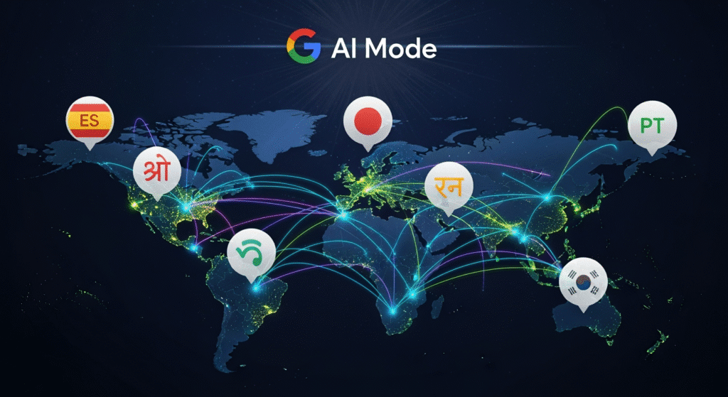 A world map lit up with bright connection lines across continents, highlighting 180 countries. Speech bubbles with different language icons (Spanish, Japanese, Hindi, Korean, Portuguese) float above, symbolizing the new multilingual AI support. A Google AI Mode logo is centered at the top, radiating outward.