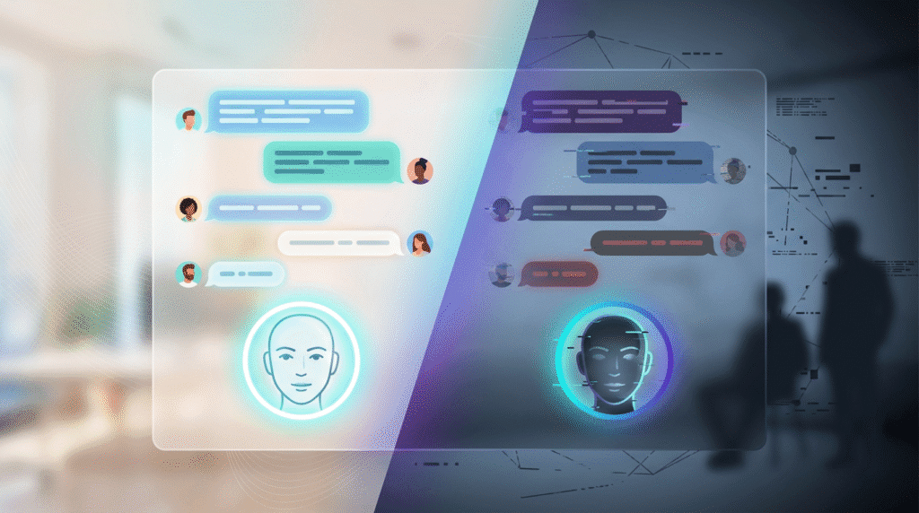 A modern, sleek digital interface showing multiple people engaging in a group chat with an AI assistant. Chat bubbles from several human participants appear on a floating screen, while an AI avatar responds intelligently. The mood is a mix of innovation and tension — half the image bright and collaborative, the other side darker with subtle visual cues like fragmented chat bubbles, symbolizing psychological risks and ethical concerns surrounding AI interactions.