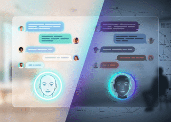 A modern, sleek digital interface showing multiple people engaging in a group chat with an AI assistant. Chat bubbles from several human participants appear on a floating screen, while an AI avatar responds intelligently. The mood is a mix of innovation and tension — half the image bright and collaborative, the other side darker with subtle visual cues like fragmented chat bubbles, symbolizing psychological risks and ethical concerns surrounding AI interactions.
