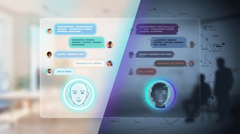 A modern, sleek digital interface showing multiple people engaging in a group chat with an AI assistant. Chat bubbles from several human participants appear on a floating screen, while an AI avatar responds intelligently. The mood is a mix of innovation and tension — half the image bright and collaborative, the other side darker with subtle visual cues like fragmented chat bubbles, symbolizing psychological risks and ethical concerns surrounding AI interactions.