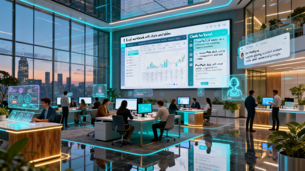 A panoramic view of a high-tech corporate environment where diverse professionals collaborate across multiple AI-enhanced tools — Excel, PowerPoint, and chat interfaces glowing with AI assistants. The Claude for Excel sidebar is visible on a large display, symbolizing the fusion of human expertise and artificial intelligence. The tone is optimistic and visionary, representing the dawn of an AI-powered office revolution.