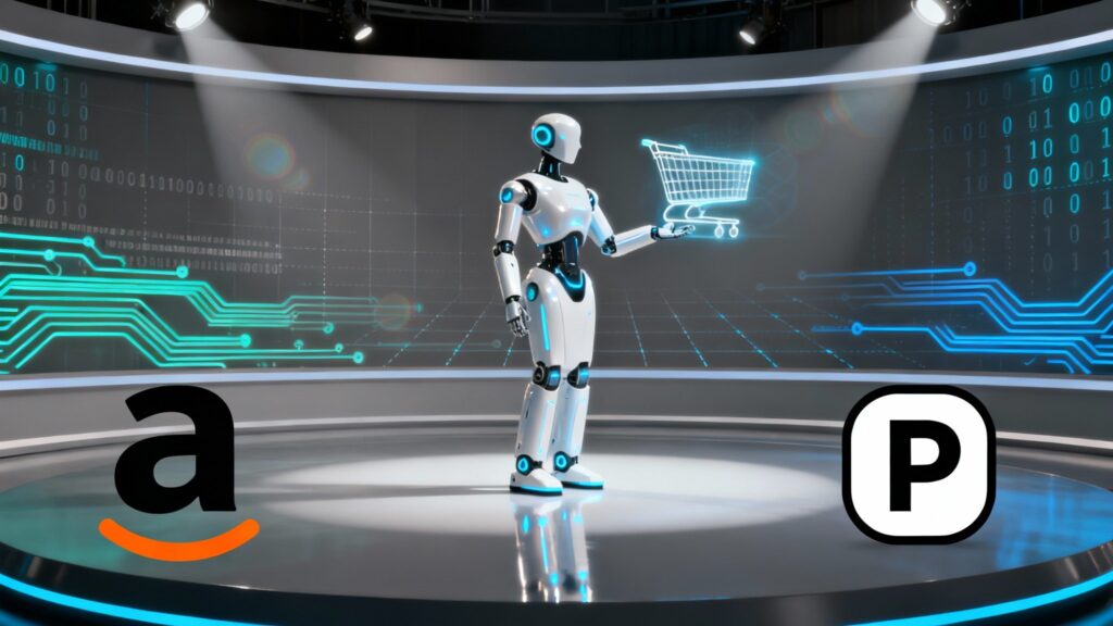 A sleek, high-tech newsroom-style banner image. The Amazon logo and the Perplexity AI logo face each other across a digital backdrop, almost like two corporate heavyweights in a spotlight. Between them, a glowing robotic shopping assistant stands holding a virtual shopping cart. The background is filled with abstract data streams and circuitry patterns, suggesting AI-driven commerce and technological tension.