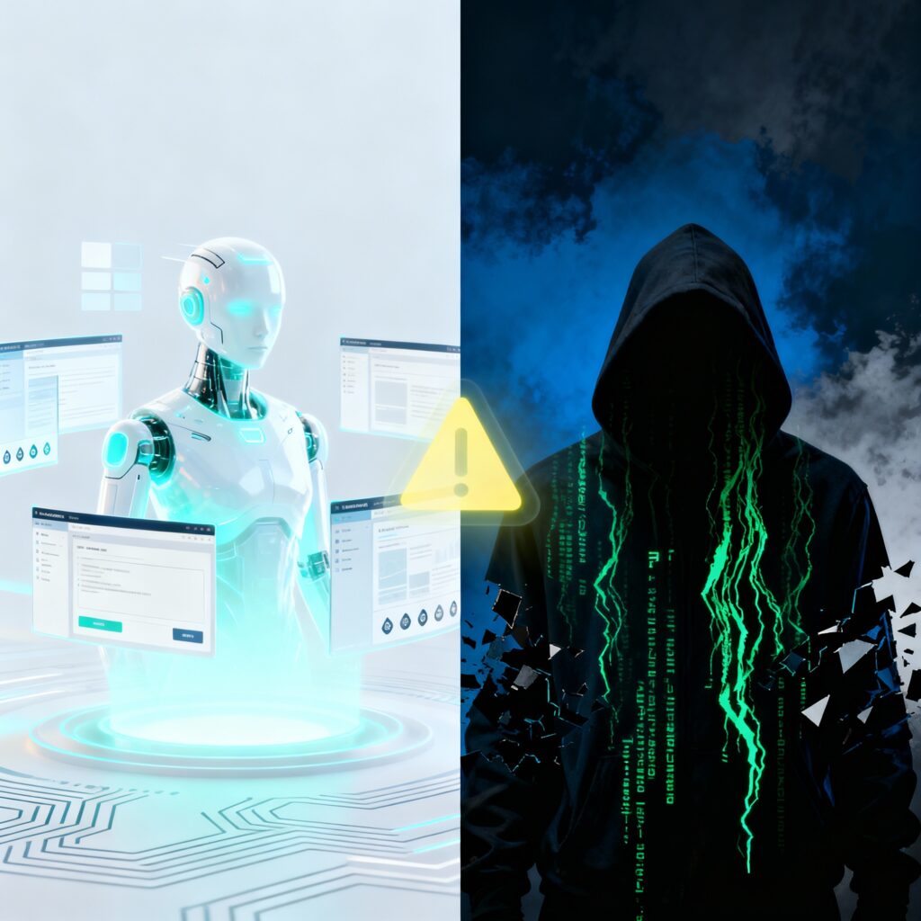 A split image: on one side, a glowing AI assistant browsing the web efficiently, symbolizing convenience; on the other, dark coded shadows forming the silhouette of a hacker figure. A faint caution symbol glows between them. The contrast conveys the dual nature of AI browsing—powerful benefits balanced against significant risks.