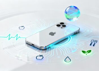 A sleek futuristic image showing an iPhone surrounded by glowing AI circuits and health-related icons — heartbeat lines, nutrition symbols, and a holographic Siri orb — all radiating from the Apple logo. The color palette combines Apple’s minimalist white aesthetic with soft neon blues and greens, symbolizing intelligence and wellness.