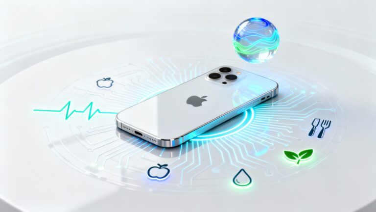 A sleek futuristic image showing an iPhone surrounded by glowing AI circuits and health-related icons — heartbeat lines, nutrition symbols, and a holographic Siri orb — all radiating from the Apple logo. The color palette combines Apple’s minimalist white aesthetic with soft neon blues and greens, symbolizing intelligence and wellness.