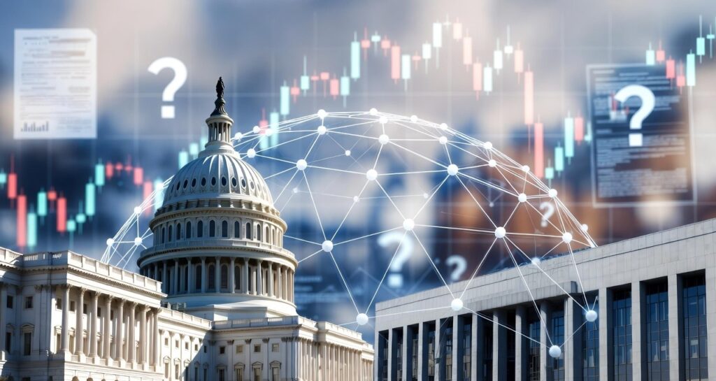 A forward-looking, speculative scene showing a split visual of the U.S. Capitol and China’s Great Hall of the People connected by a digital network grid. Stock charts, question marks, and faint intelligence-style documents float subtly in the background. The overall tone conveys uncertainty, rising tension, and the unresolved future of U.S.–China tech relations.