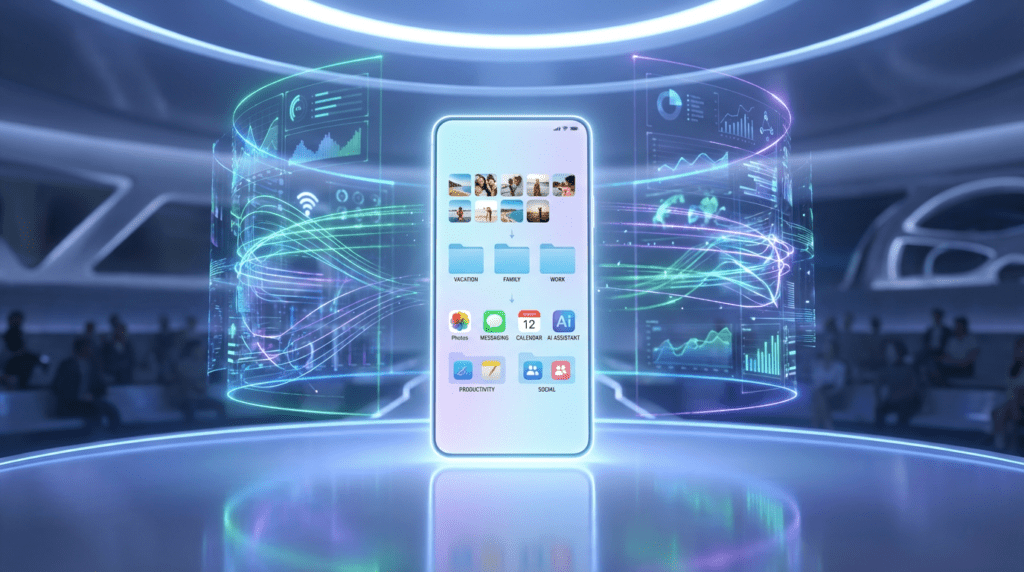 A newly unveiled premium smartphone glowing on a presentation stage, surrounded by holographic AI interfaces and floating data visuals. The device screen shows a smart assistant analyzing photos and organizing apps automatically, symbolizing the arrival of an AI-first smartphone era.
