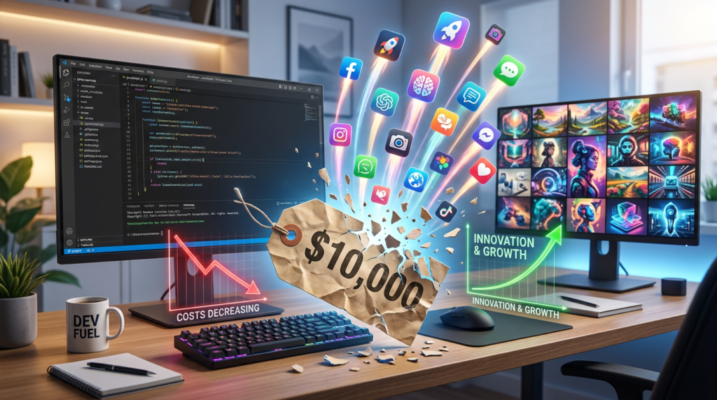 A developer workspace showing code on one monitor and AI-generated images on another, while a giant falling price tag transforms into multiple app icons launching upward like rockets. Charts and graphs show downward costs and upward growth arrows, symbolizing cheaper APIs enabling innovation and startups building new tools.