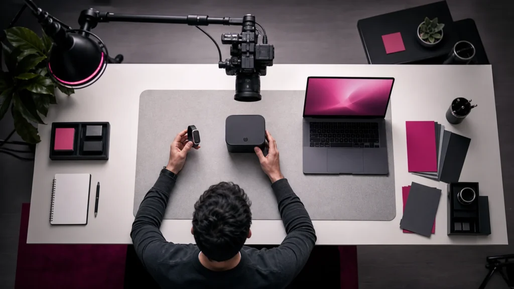A creator records a hands-on comparison of unbranded AI products at a workbench.