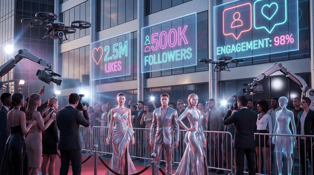 A glamorous red carpet scene outside a futuristic awards venue, where AI-generated influencers—perfectly styled digital humans—pose for flashing cameras. Paparazzi drones hover in the air capturing photos, while holographic billboards display social media stats (likes, followers, engagement rates). The crowd includes both real humans and virtual avatars, blending reality and simulation. The atmosphere is vibrant, surreal, and slightly uncanny, signaling a new era of celebrity culture.