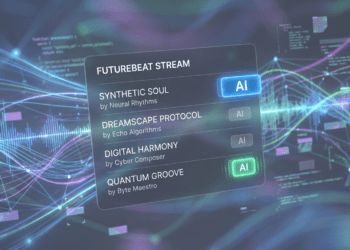 A conceptual illustration showing a music streaming interface labeling songs with AI transparency tags, while artificial intelligence algorithms generate music tracks in the background, symbolizing the growing challenge of identifying AI-generated music on streaming platforms.