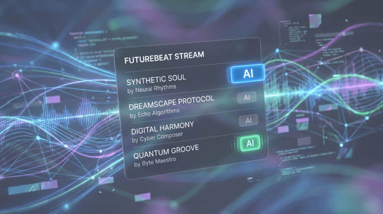 A conceptual illustration showing a music streaming interface labeling songs with AI transparency tags, while artificial intelligence algorithms generate music tracks in the background, symbolizing the growing challenge of identifying AI-generated music on streaming platforms.