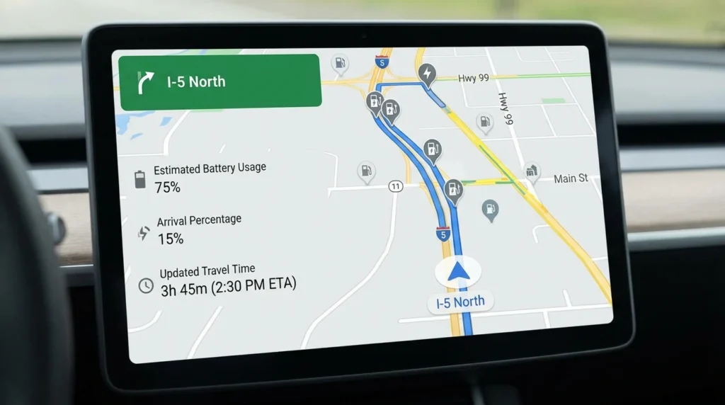 A close-up of a car’s infotainment screen displaying Google Maps on Android Auto, showing a route with multiple charging stops, estimated battery usage, arrival percentage, and updated travel time. The interface is clean and data-rich, with icons for charging stations and real-time updates.