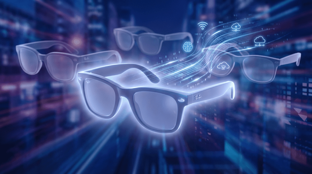 A futuristic scene showing multiple smart glasses silhouettes representing different tech companies, with Meta’s Ray-Ban glasses prominently in the foreground, glowing slightly brighter. In the background, blurred outlines of competitors (like generic AR glasses) fade into the distance. A soft digital overlay shows icons like AI, connectivity, and data streams flowing toward the Meta glasses, symbolizing leadership in the race. The overall mood conveys momentum, competition, and the future of wearable technology.