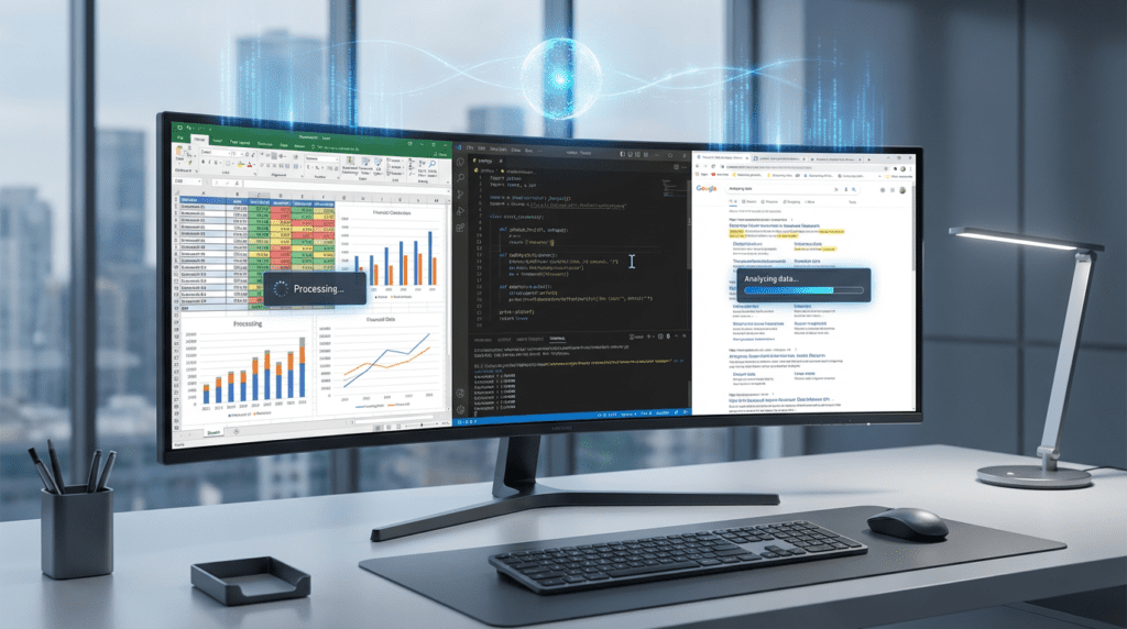 AI assistant autonomously managing professional tasks on a computer including spreadsheets, coding, and research.