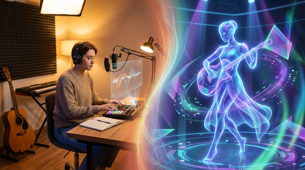 A split-scene composition: on one side, a human artist in a studio writing or recording music; on the other, an AI-generated avatar performing the same music on a digital stage. The two sides merge in the middle, symbolizing collaboration between human creativity and artificial intelligence. Warm lighting and subtle futuristic elements convey optimism about the future of personalized music creation.