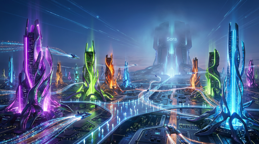 A wide, futuristic landscape showing multiple AI platforms rising like skyscrapers, each representing competitors gaining momentum. In the distance, a dimmed “Sora” structure fades into the background while other platforms glow brighter. Users are seen migrating between platforms, carrying data streams like digital luggage. The scene conveys transition, competition, and opportunity—capturing a shifting market where one giant steps back while others surge forward.