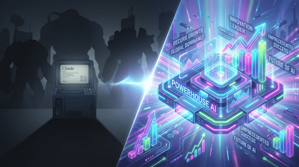A dynamic split-scene illustration showing a transformation: on the left, a small, dimly lit AI interface labeled “Claude” sitting in the shadow of larger competitors; on the right, a glowing, dominant AI platform radiating light, with rising graphs and headlines surrounding it. The transition visually represents a dramatic “underdog to powerhouse” evolution, with futuristic UI elements and neon accents.