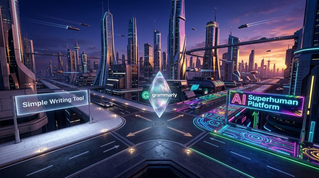 A symbolic scene showing a crossroads in a futuristic city. One path is labeled “Simple Writing Tool” with familiar, minimal design, while the other path glows with neon lights labeled “AI Superhuman Platform.” In the center stands a sleek AI interface representing Grammarly, caught between the two directions. The atmosphere feels both exciting and uncertain, capturing the tension of innovation, risk, and the defining choices of the AI era.