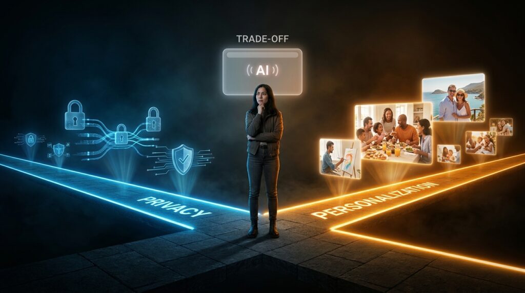 A balanced, thought-provoking composition featuring a person standing at a crossroads between two glowing paths. On one side, vibrant AI-generated personalized images (family, lifestyle, memories) radiate warmth and convenience. On the other side, a cooler-toned path displays icons representing privacy—locks, data streams, and shields. In the center, a soft glowing AI assistant interface hovers, symbolizing the trade-off between personalization and privacy in modern AI technology.