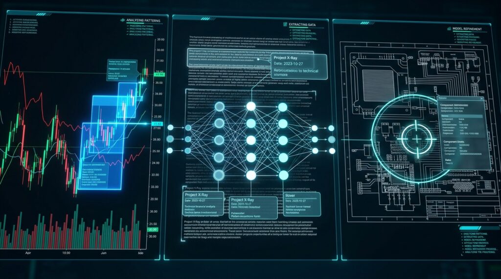 A high-resolution digital interface showing an AI analyzing complex visual inputs: detailed charts, dense documents, and intricate diagrams. The AI overlays highlight key sections, zoom into fine details, and extract structured data. In the background, a neural network visual processes images, emphasizing enhanced visual intelligence and precision.