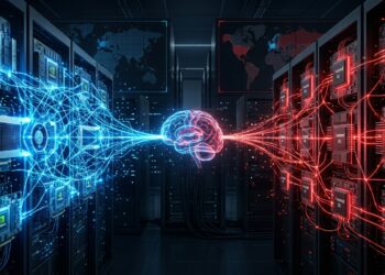 A cinematic, high-tech scene showing a digital battlefield between two AI superpowers. On one side, glowing Nvidia GPUs emitting blue light connected by neural networks; on the other, Huawei Ascend chips radiating red circuitry. In the center, a futuristic AI brain splits into two paths, symbolizing a divided global AI ecosystem. Subtle silhouettes of data centers and geopolitical maps in the background.