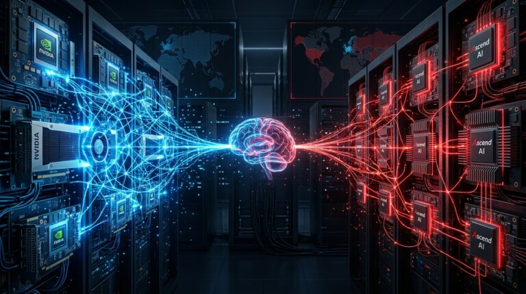 A cinematic, high-tech scene showing a digital battlefield between two AI superpowers. On one side, glowing Nvidia GPUs emitting blue light connected by neural networks; on the other, Huawei Ascend chips radiating red circuitry. In the center, a futuristic AI brain splits into two paths, symbolizing a divided global AI ecosystem. Subtle silhouettes of data centers and geopolitical maps in the background.
