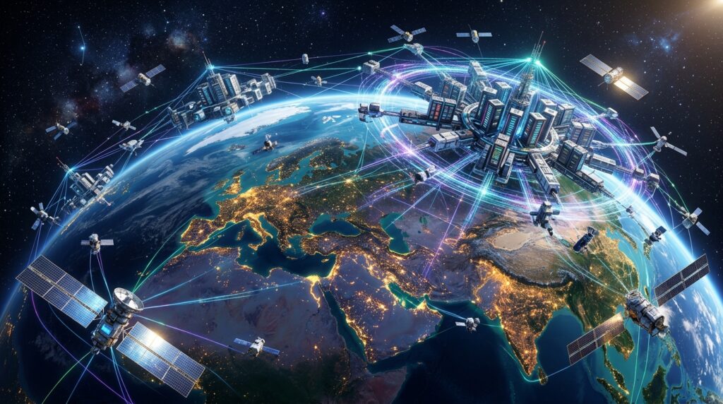A visionary scene of multiple space-based data centers orbiting Earth, connected by luminous data lines forming a global network. Below, the planet glows with city lights, while above, satellites and solar arrays harvest energy from the sun. The image conveys ambition and scale, symbolizing the future of AI infrastructure expanding beyond Earth into space, with a hopeful and forward-looking tone.