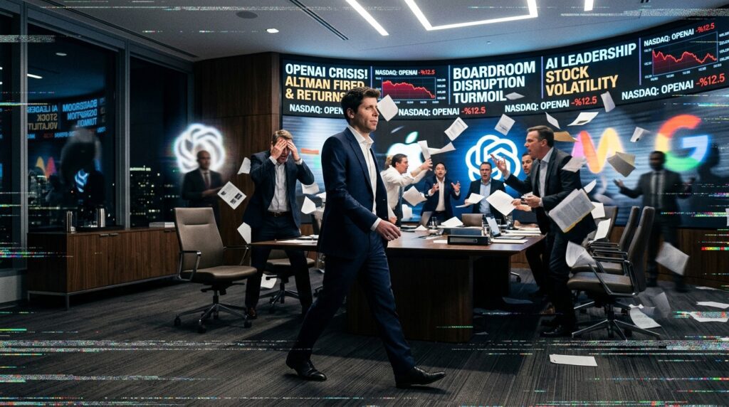 A chaotic corporate scene inside a sleek, modern boardroom. Sam Altman is shown mid-stride, walking back into the room confidently while fragmented visuals behind him depict turmoil—papers flying, digital screens flashing headlines, and blurred figures arguing. In the background, shadowy representations of tech giants and investors loom, suggesting high-stakes power struggles. A subtle visual motif of a “glitch” or disruption runs across the image, symbolizing the sudden firing and dramatic return.