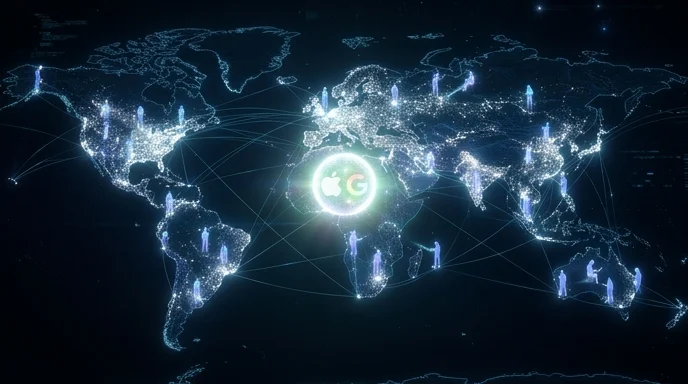 A wide, cinematic view of a digital world map with billions of connected devices glowing across continents. At the center, a hybrid Apple–Google AI core radiates light, symbolizing global AI integration. Abstract human silhouettes interact with devices seamlessly, representing the future of AI assistants transforming everyday life on a global scale.