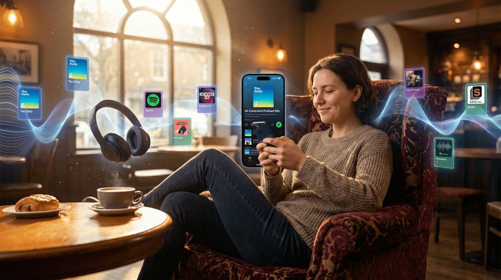 An inviting, energetic scene showing a person casually using their phone in a cozy environment (couch, café, or bed). The Spotify app is open with a completed AI-generated podcast playlist visible. Floating around the user are glowing recommendation cards, headphones, and audio waves forming a path forward—symbolizing discovery. The lighting is warm and optimistic, with a sense of motion and possibility, as if the user is stepping into a new era of effortless podcast exploration.