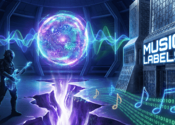 A futuristic digital scene showing a glowing AI interface generating music waves, with a silhouetted musician on one side and towering corporate buildings labeled “Music Labels” on the other. Between them, a glowing divide symbolizes conflict, with floating musical notes transforming into binary code.