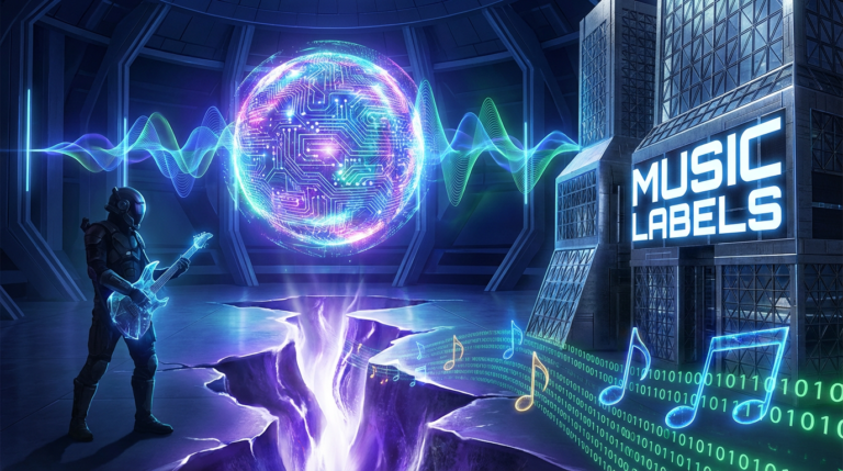 A futuristic digital scene showing a glowing AI interface generating music waves, with a silhouetted musician on one side and towering corporate buildings labeled “Music Labels” on the other. Between them, a glowing divide symbolizes conflict, with floating musical notes transforming into binary code.