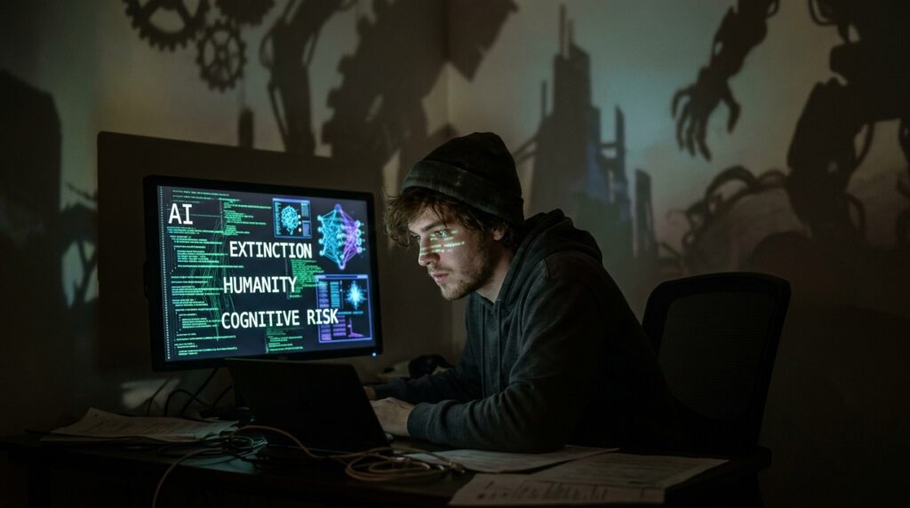 A dimly lit room illuminated only by a computer screen. A young man sits hunched over, face partially obscured, eyes reflecting lines of text and code. On the screen are fragmented words like “AI,” “extinction,” and “humanity,” mixed with abstract diagrams of neural networks. Around him, shadows form vague, looming shapes resembling machines or futuristic entities, symbolizing paranoia and fear. The atmosphere feels isolated, intense, and psychologically charged.