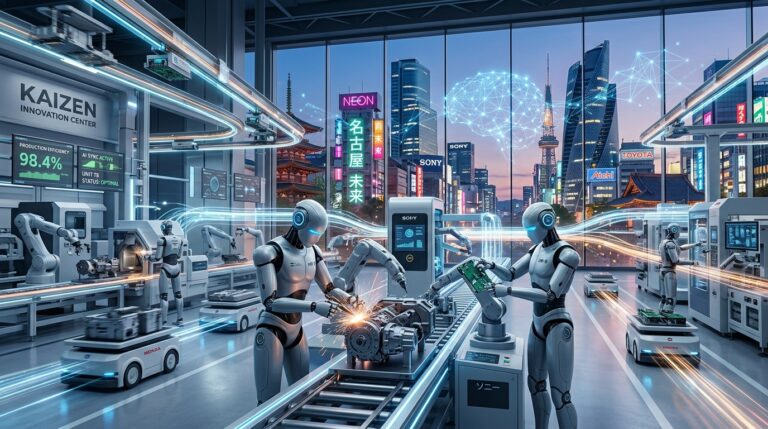 A futuristic industrial scene set in Japan featuring humanoid robots working alongside autonomous machines inside a high-tech factory. In the background, iconic Japanese cityscapes blend with digital AI neural network overlays. Logos or subtle references to major companies like SoftBank, Sony, and Honda appear integrated into the environment, symbolizing collaboration. The atmosphere is dynamic, with glowing data streams flowing between machines, representing a trillion-parameter AI system powering real-world automation.