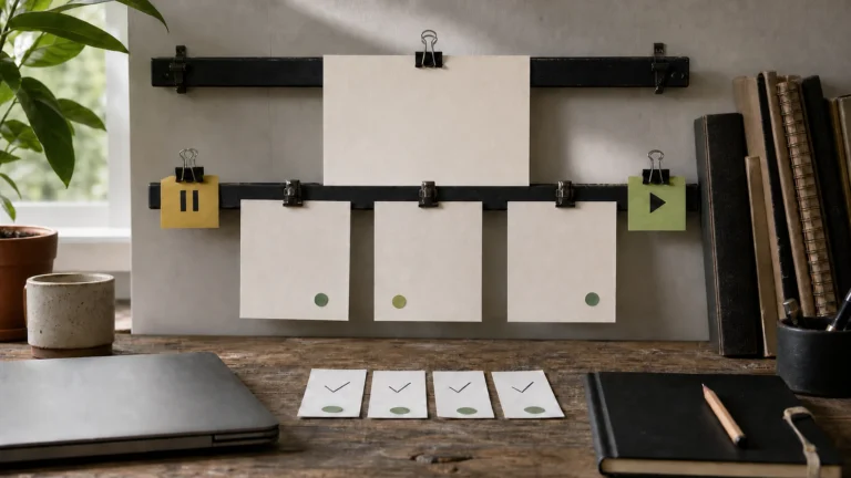 A physical project rail with one persistent objective, pause and resume controls, session cards and completed checks.