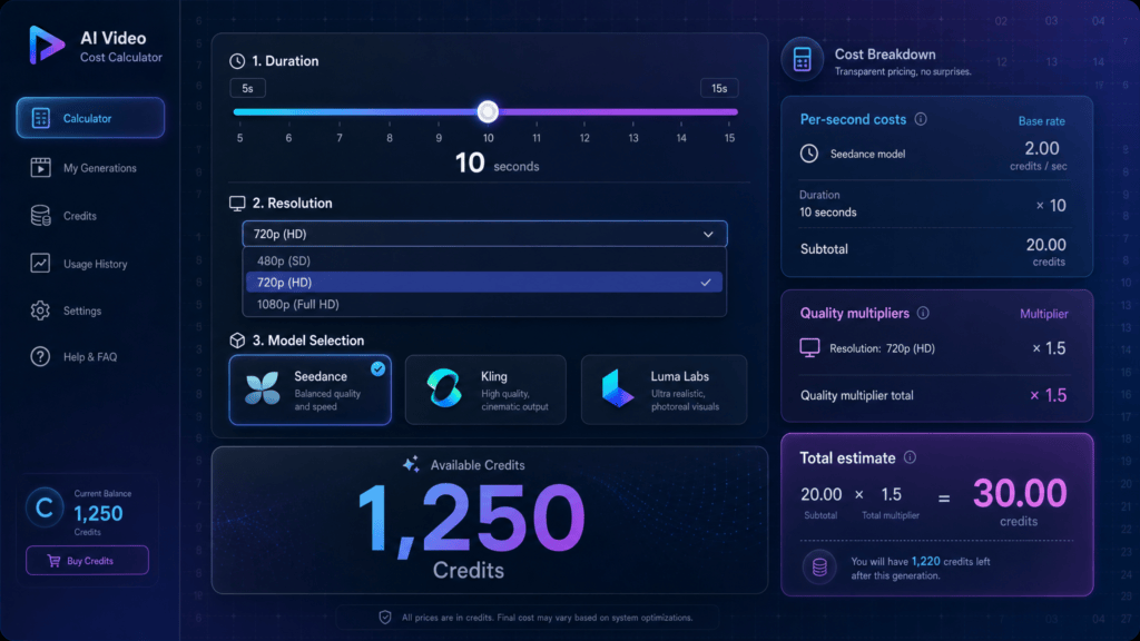 AI Video Cost Calculator screenshot
