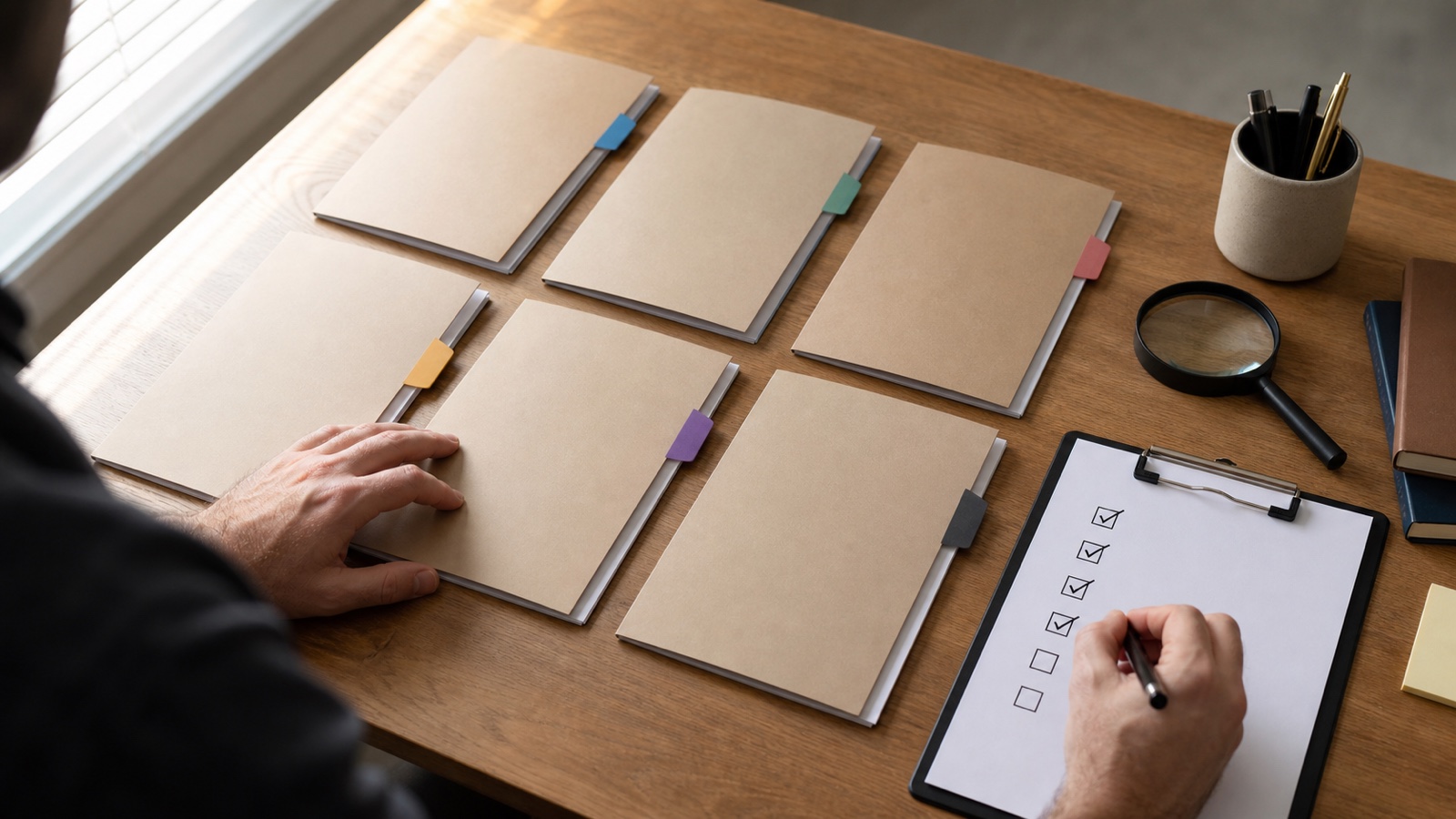 An analyst checks a set of colour-coded product folders against a verification checklist