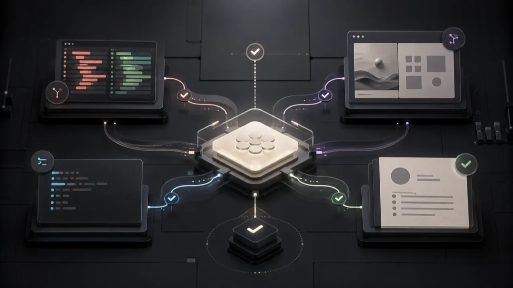Codex coordinating parallel work across code, terminal, browser, and documents, with review checks