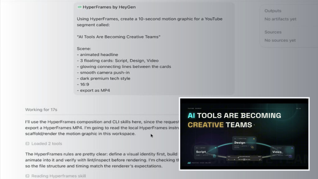 Codex task requesting a HyperFrames motion graphic beside the rendered “AI Tools Are Becoming Creative Teams” frame.