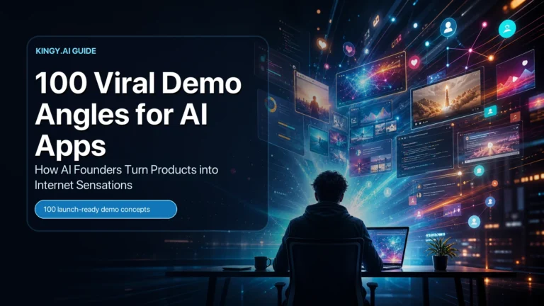Founder surrounded by holographic AI app demos, viral platform signals, analytics, and launch visuals for 100 viral demo angles for AI apps.