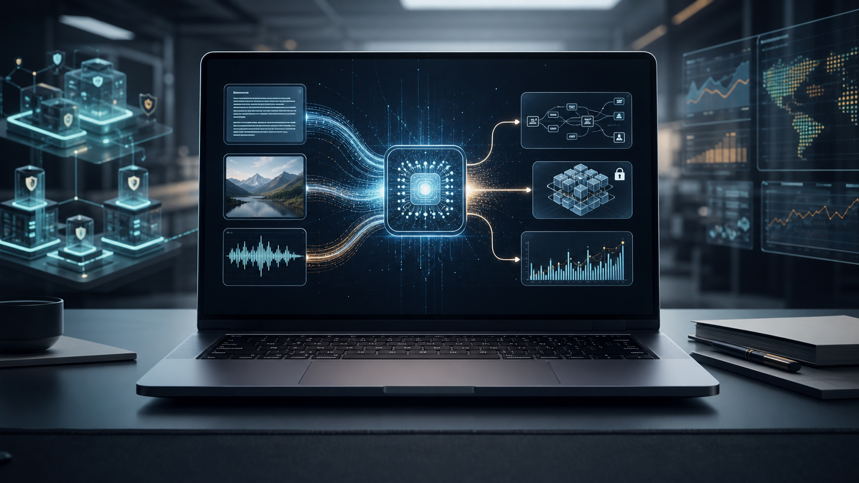 Conceptual visualization of a laptop-ready multimodal AI model powering local agent workflows.