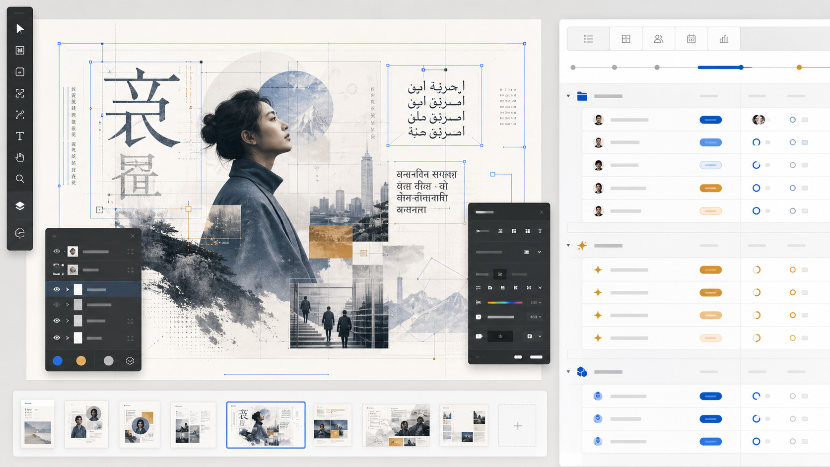 Conceptual design canvas with layered creative assets beside a shared human-agent work panel.