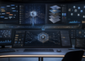 Editorial concept showing AI orchestration consoles, long-running agent workflows, and a central reasoning model hub.