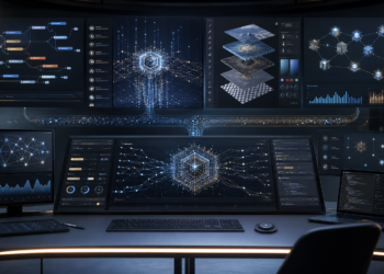 Editorial concept showing AI orchestration consoles, long-running agent workflows, and a central reasoning model hub.