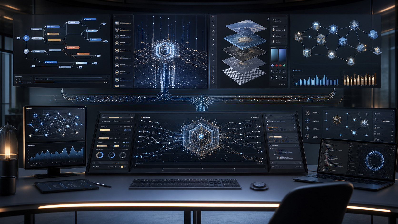 Editorial concept showing AI orchestration consoles, long-running agent workflows, and a central reasoning model hub.