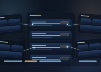 Editorial concept showing a governed agentic software delivery workspace with blueprint panels, approval rails, AI coding nodes, and enterprise control surfaces.
