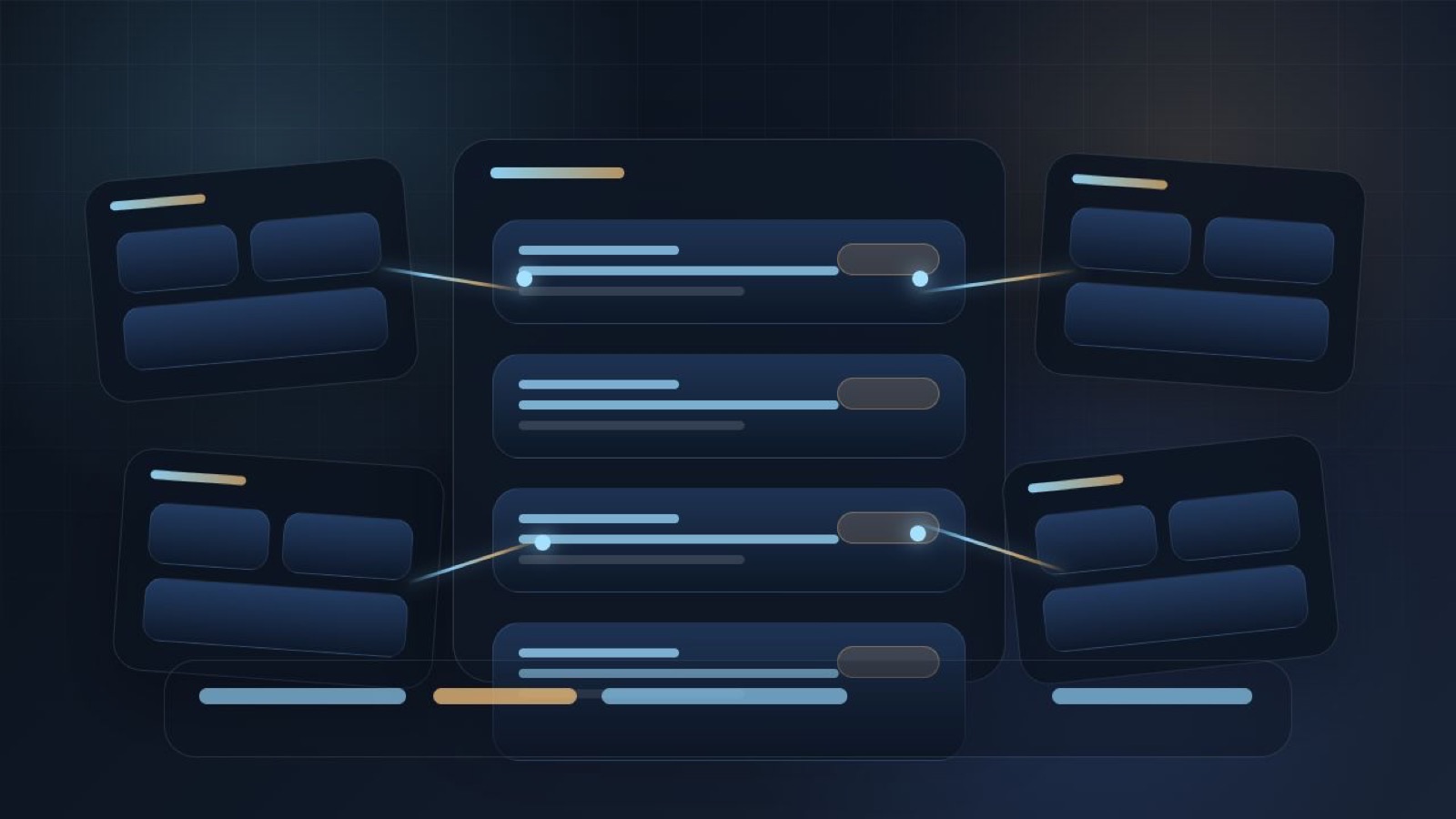 Editorial concept showing a governed agentic software delivery workspace with blueprint panels, approval rails, AI coding nodes, and enterprise control surfaces.